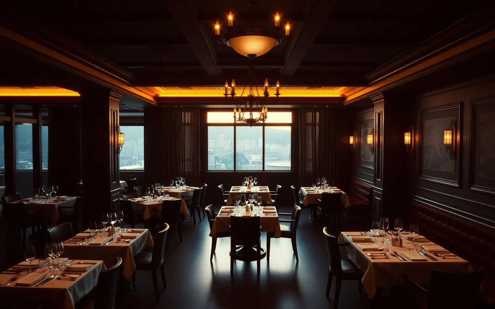 Salón de restaurante de alta gama iluminado al atardecer